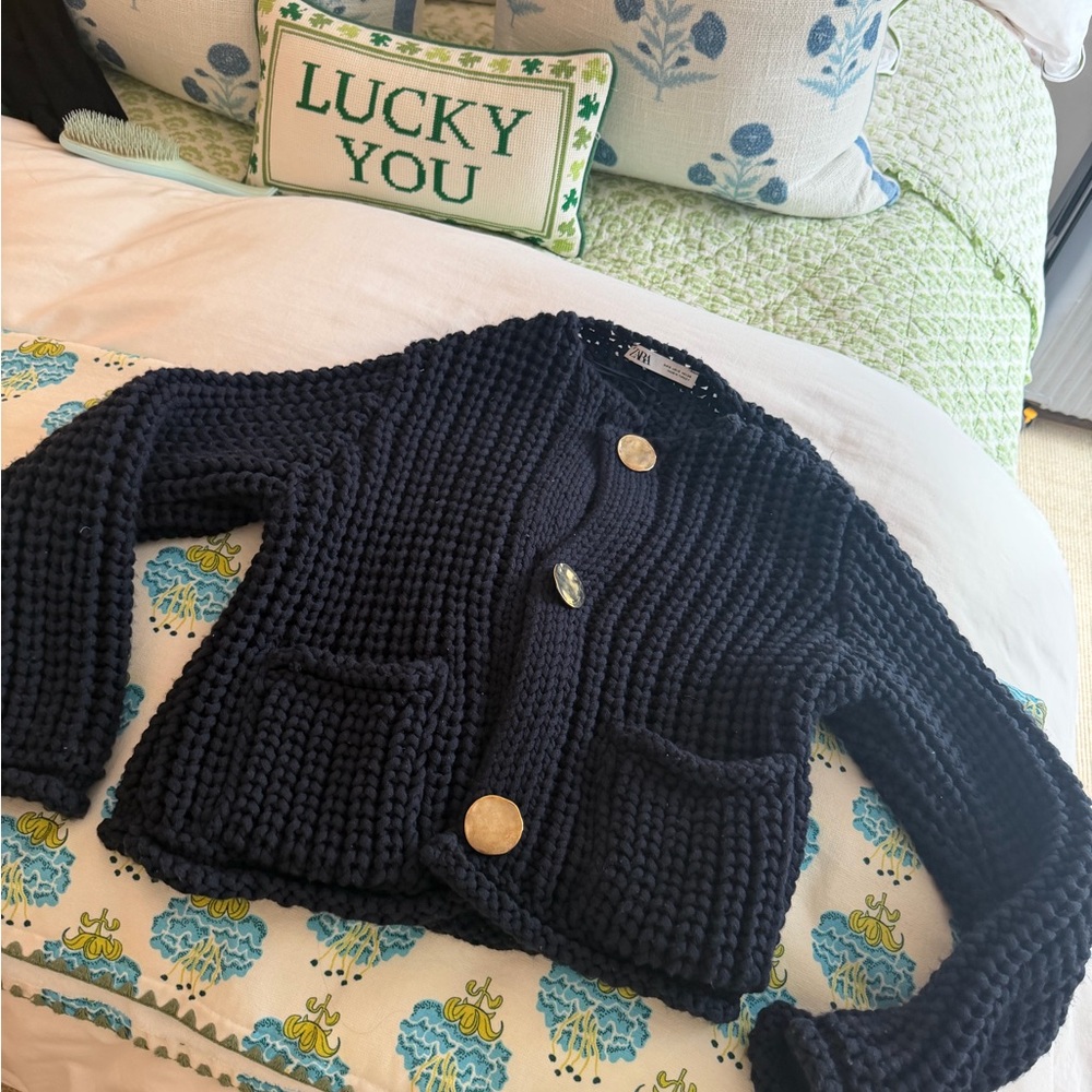 Zara Navy Chunky Knit Cardigan with Gold Buttons - Picture 3 of 4